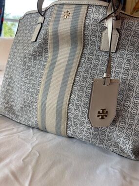 Tory Burch Blue and Cream Striped Chain-Link Canvas Tote